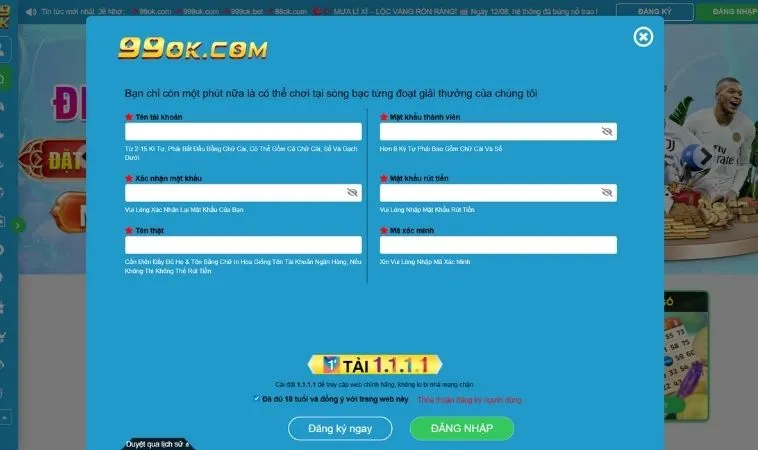 Giao diện đăng ký 99OK