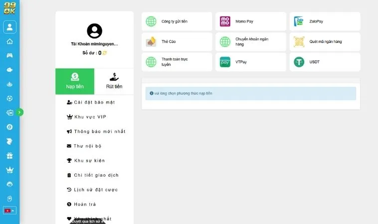 Các phương thức nạp tiền 99OK