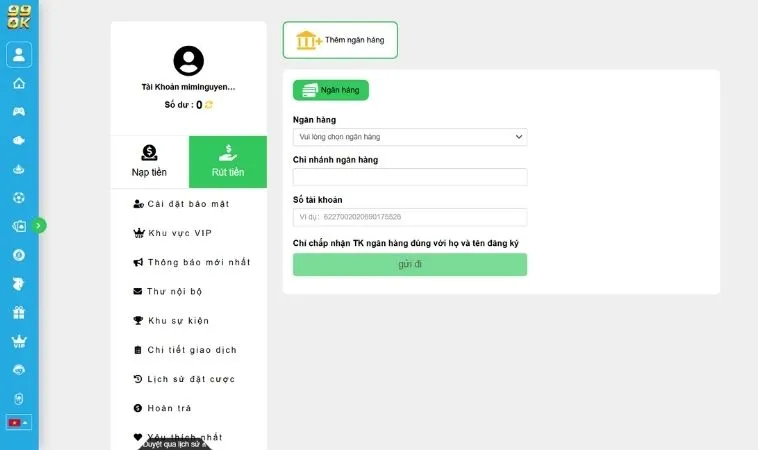 Giao diện rút tiền 99OK