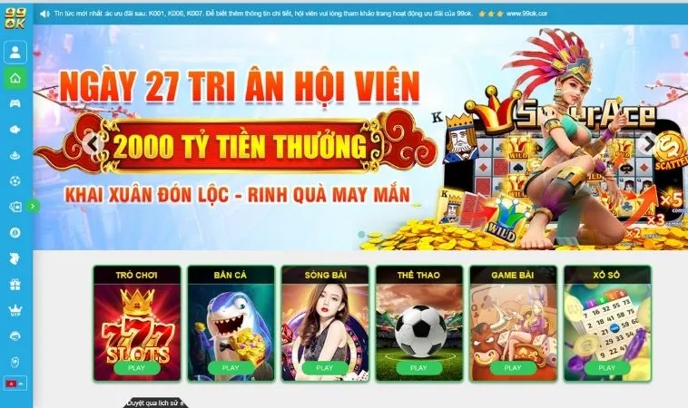 Giao diện trang chủ nhà cái 99OK
