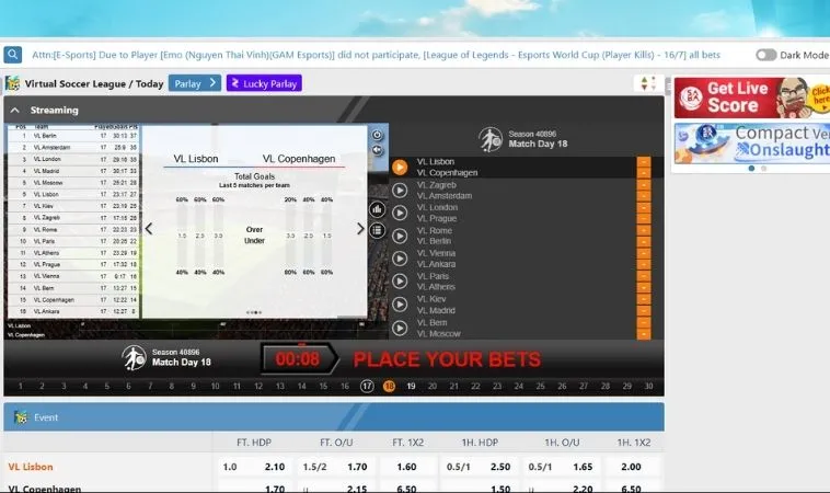 Tham Gia Cá Cược Thể Thao Ảo 99OK Thắng Lớn Mọi Lúc Mọi Nơi 2 Giao diện đặt kèo Thể Thao Ảo 99OK