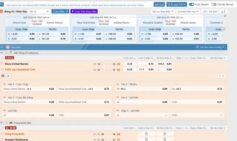 Giao diện đặt cược kèo bóng rổ 99OK